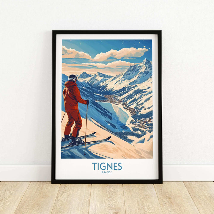 Tignes Ski Poster Print featuring a skier overlooking snowy mountains, perfect for France ski lovers and winter sports decor.