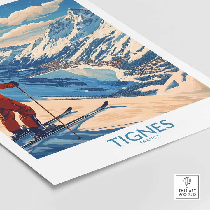 Tignes France ski poster featuring a skier on snowy slopes with a mountain backdrop, perfect for ski enthusiasts and decor.