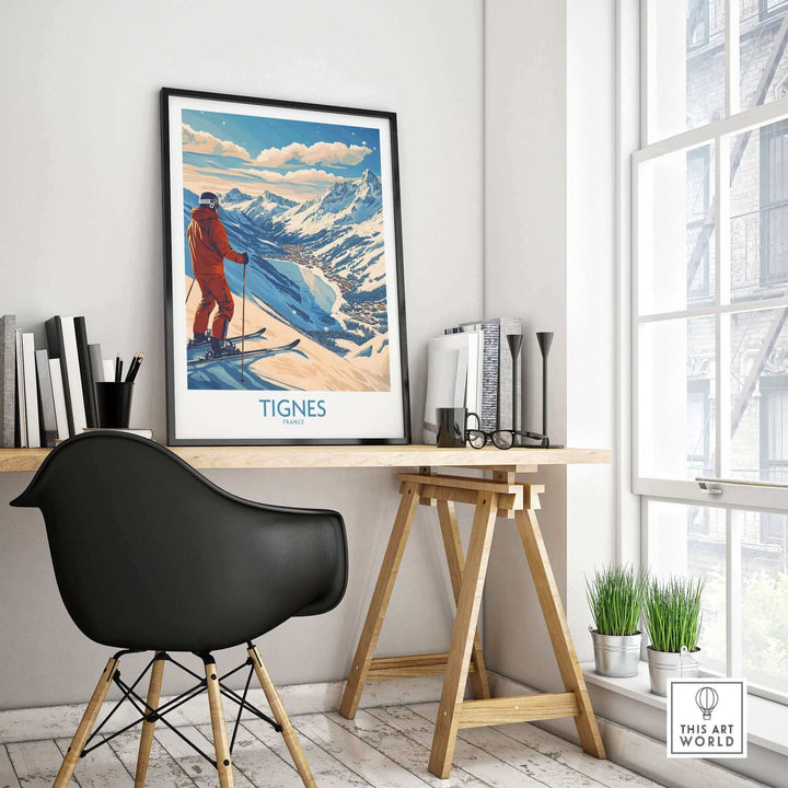 Tignes France Ski Poster Print Displayed in Modern Workspace with Natural Light