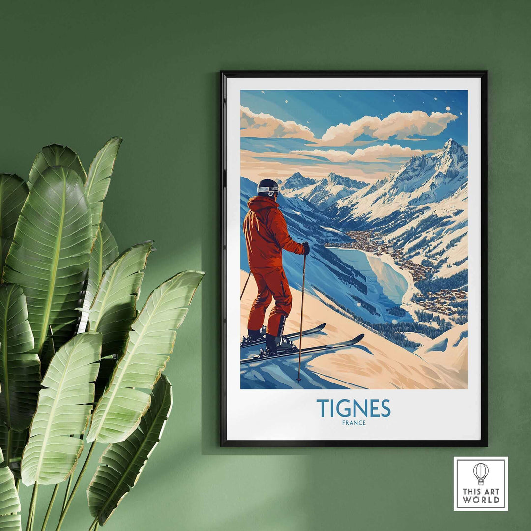 Tignes France ski poster featuring a skier overlooking snowy mountains, perfect wall art decor for winter sports enthusiasts.