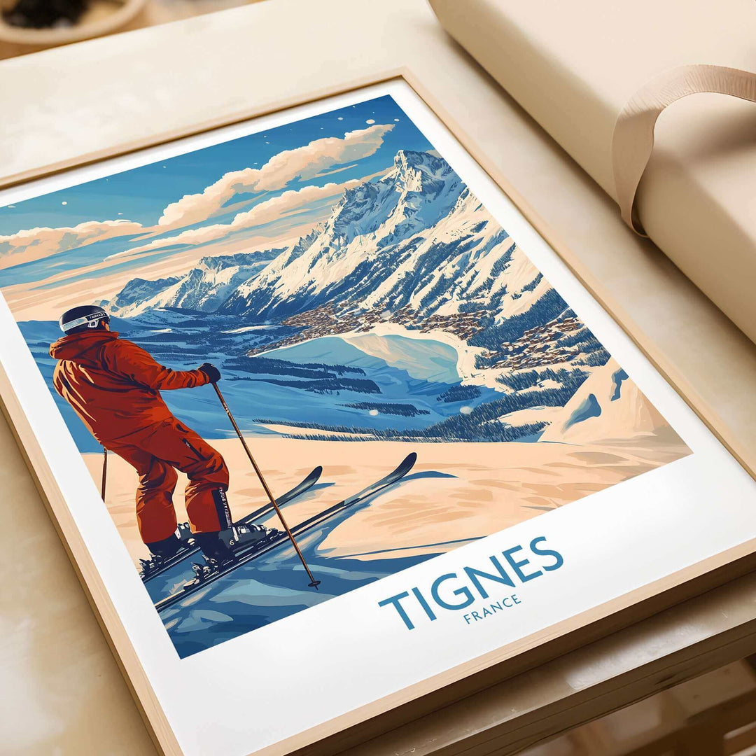 Tignes ski poster featuring a skier overlooking snowy mountains in France, perfect for winter sports enthusiasts and home decor.