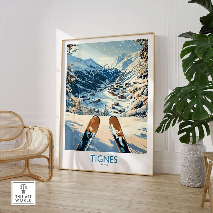 Tignes print showcasing a snowy mountain landscape and ski gear, perfect for inspiring ski adventures in France.