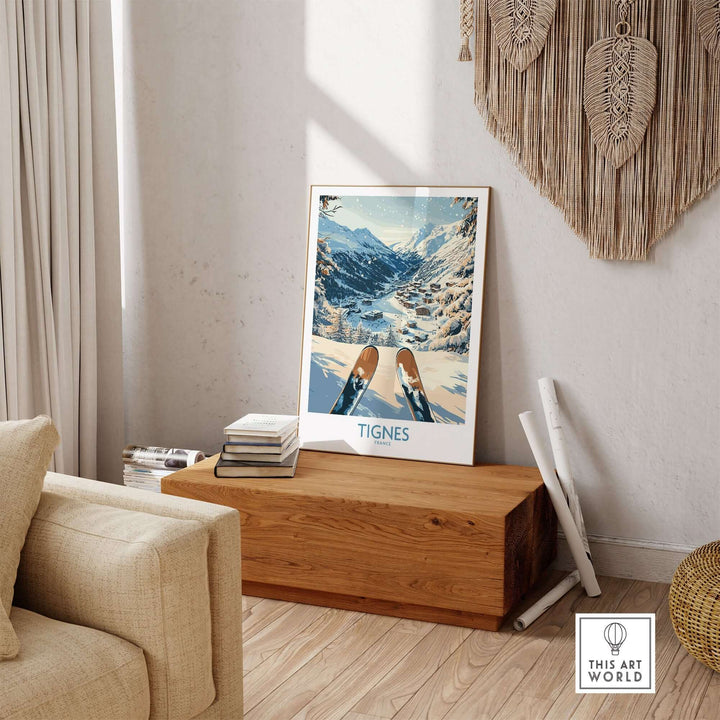 Tignes Print France ski poster displayed in a cozy living room, showcasing stunning mountain scenery and ski gear.