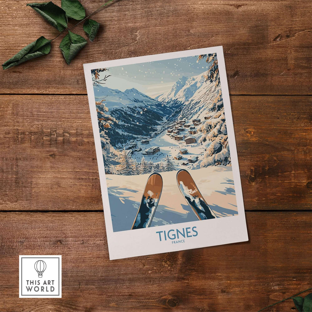 Tignes Print France ski poster showcasing stunning winter scenery and slopes in Tignes, framed against a rustic wooden background.