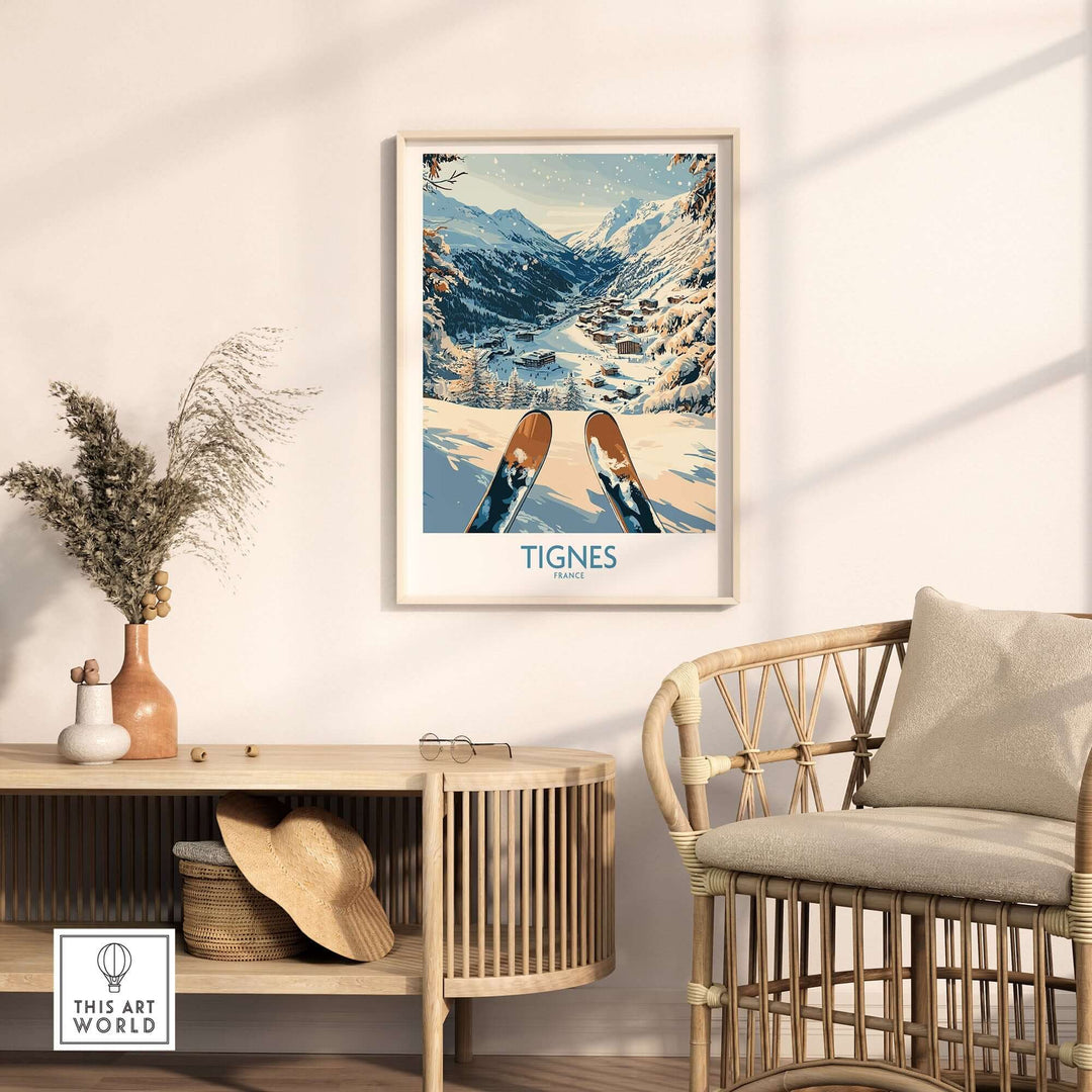 Tignes France ski poster displayed in a cozy living room with ski equipment and natural decor.