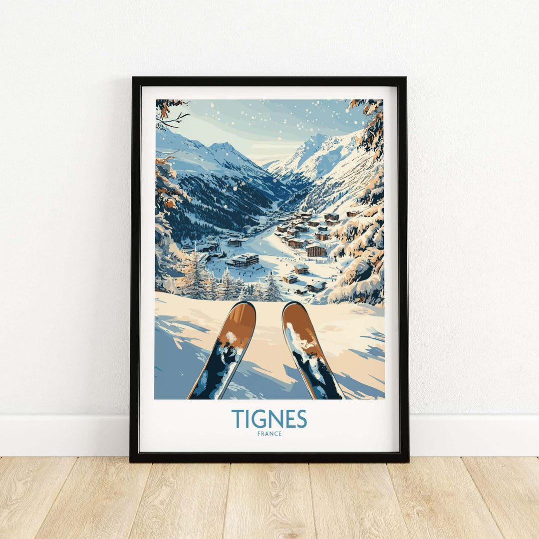 Framed Tignes print showcasing snowy mountains and ski slopes, capturing the beauty of skiing in Tignes, France.