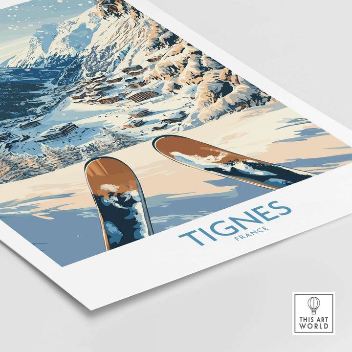 Tignes Print France ski poster featuring stunning winter landscape and ski equipment, perfect for home decor.