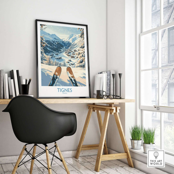 Tignes print poster displayed in a modern workspace, capturing the snowy slopes of Tignes, France, inspiring ski adventures.