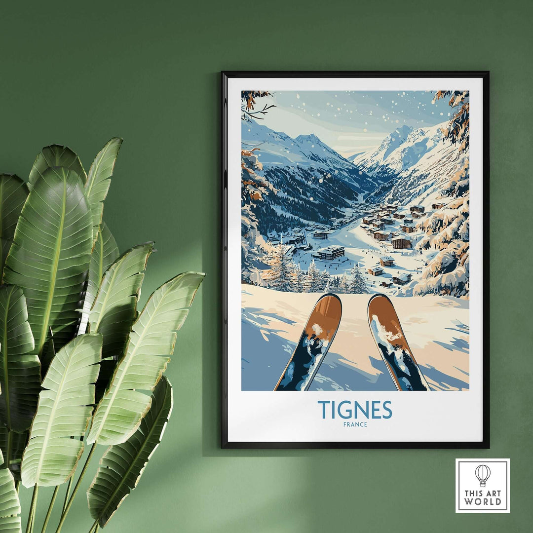 Ski poster of Tignes, France showcasing stunning snowy mountains and resorts, perfect for inspiring your next ski trip.