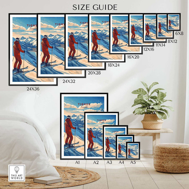 Ski Poster Size Guide for Tignes Print France featuring skier in mountains, available in multiple dimensions for home decor.