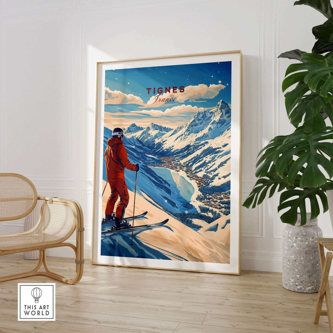 Tignes Print France Ski Poster displayed in modern room, showcasing a skier overlooking snowy mountains.