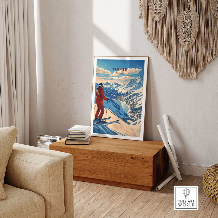 Vintage-style Tignes Print France Ski Poster displayed in a cozy room, highlighting the beauty of alpine skiing.