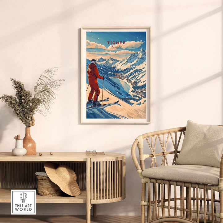 Tignes Print France Ski Poster displayed in stylish living room decor