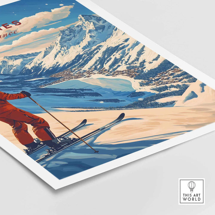 Vintage Tignes Print Ski Poster featuring a skier in snowy French Alps landscape, perfect for winter sports enthusiasts.