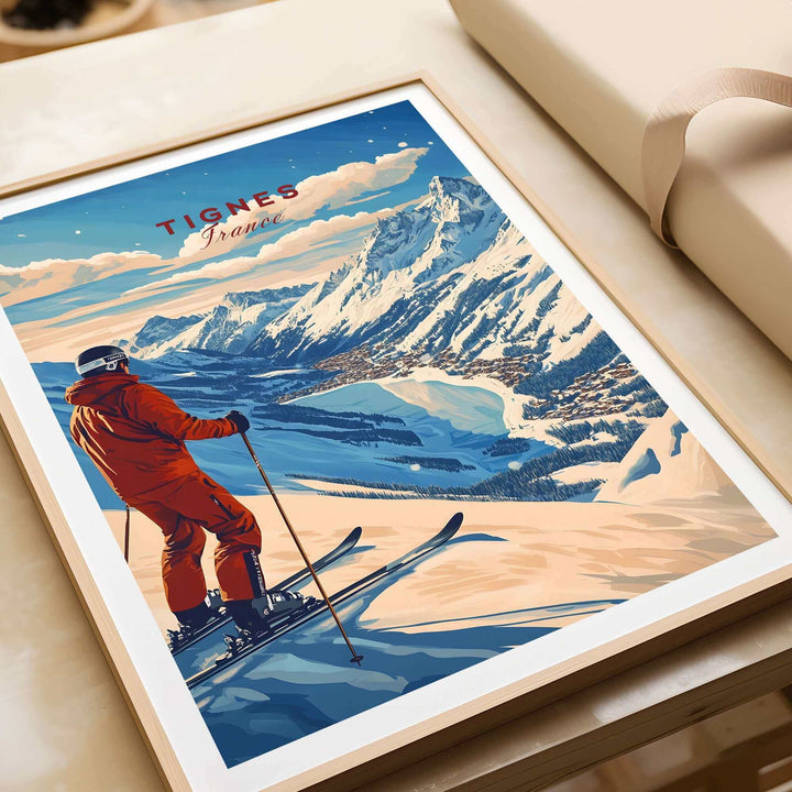 Vintage Tignes France ski poster with skier overlooking snowy mountains, capturing the essence of alpine adventure.