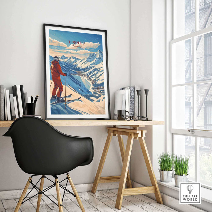 Vintage Tignes Ski Poster in modern home office, featuring skier overlooking snowy French Alps.