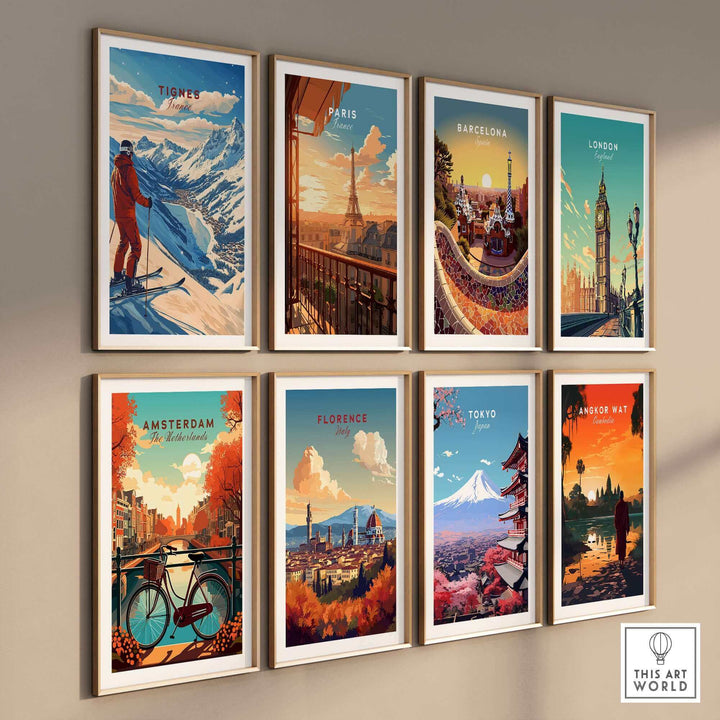 Collection of vintage travel posters, including a Tignes ski poster, displayed on a wall. Ideal for travel and ski enthusiasts.