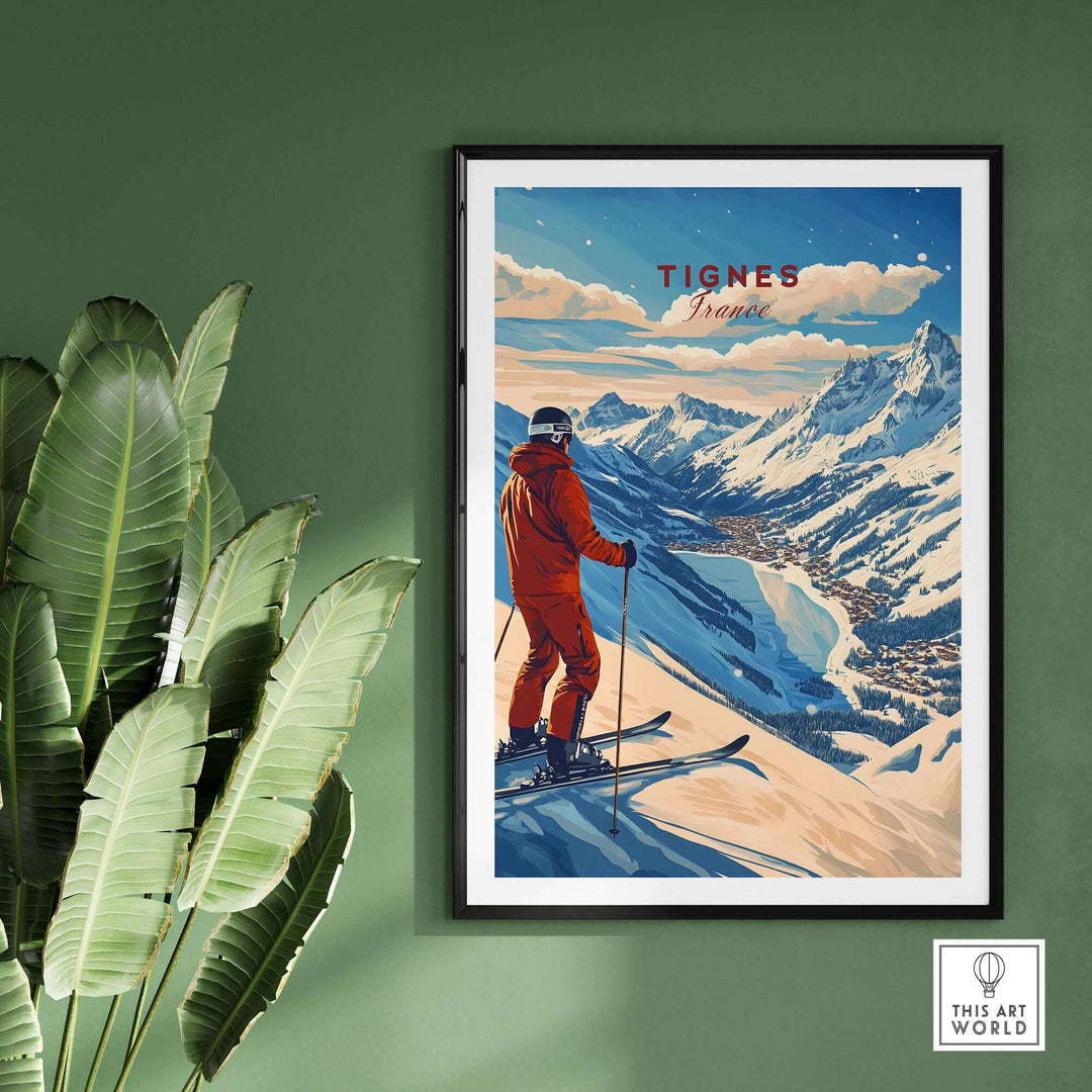 Ski Poster of Tignes, France featuring a skier overlooking snowy mountains in a stylish print design.