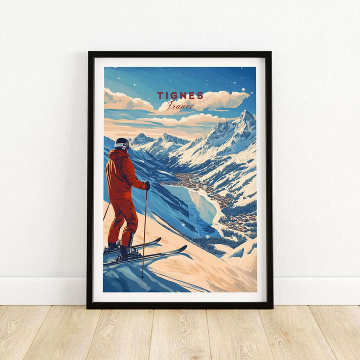 Vintage ski poster of Tignes, France featuring a skier overlooking snowy mountains, ideal for winter sports enthusiasts.