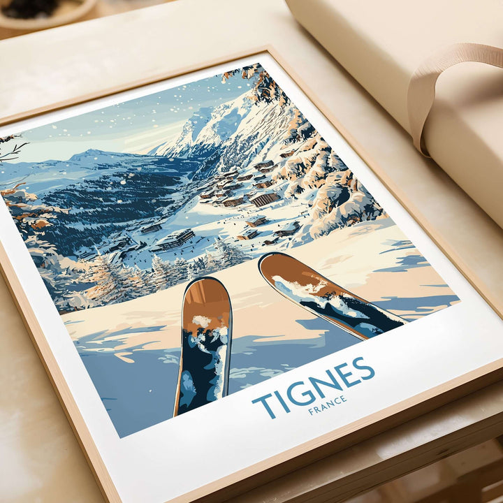 Tignes Print France ski poster showcasing snowy mountains and skis, perfect for inspiring your next ski adventure.