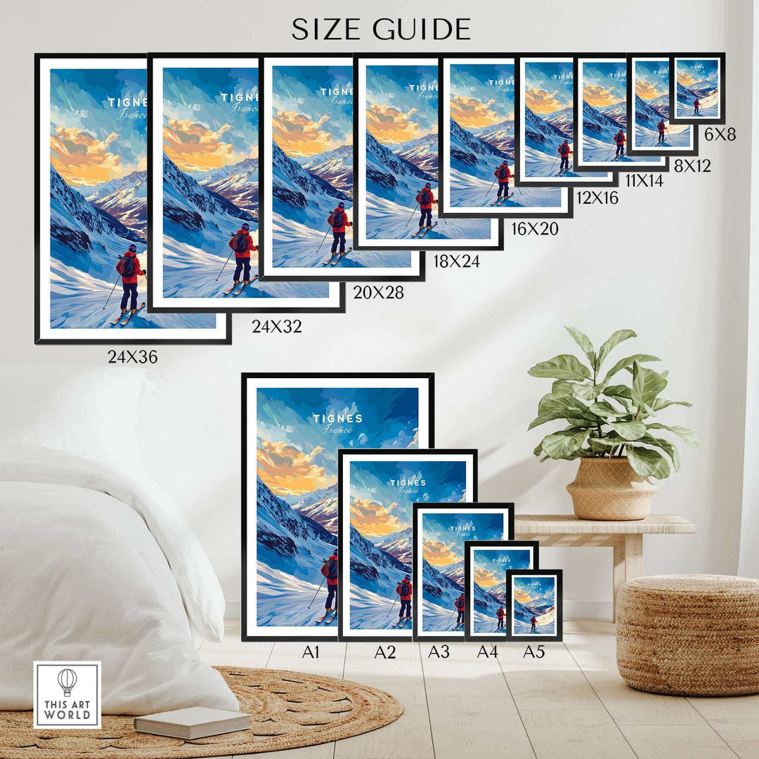 Size guide for Tignes Ski Poster with various options from 6x8 to 24x36 inches, displayed in a modern room setting.