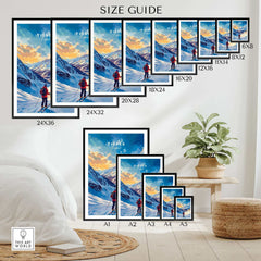 Size guide for Tignes Ski Poster with various options from 6x8 to 24x36 inches, displayed in a modern room setting.