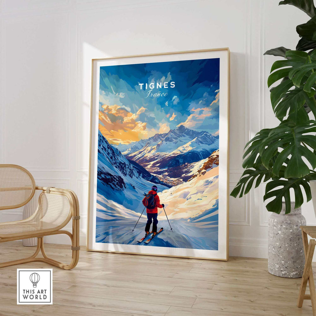 Scenic Tignes ski poster showcasing a skier against a backdrop of stunning snow-covered mountains and vibrant sky.