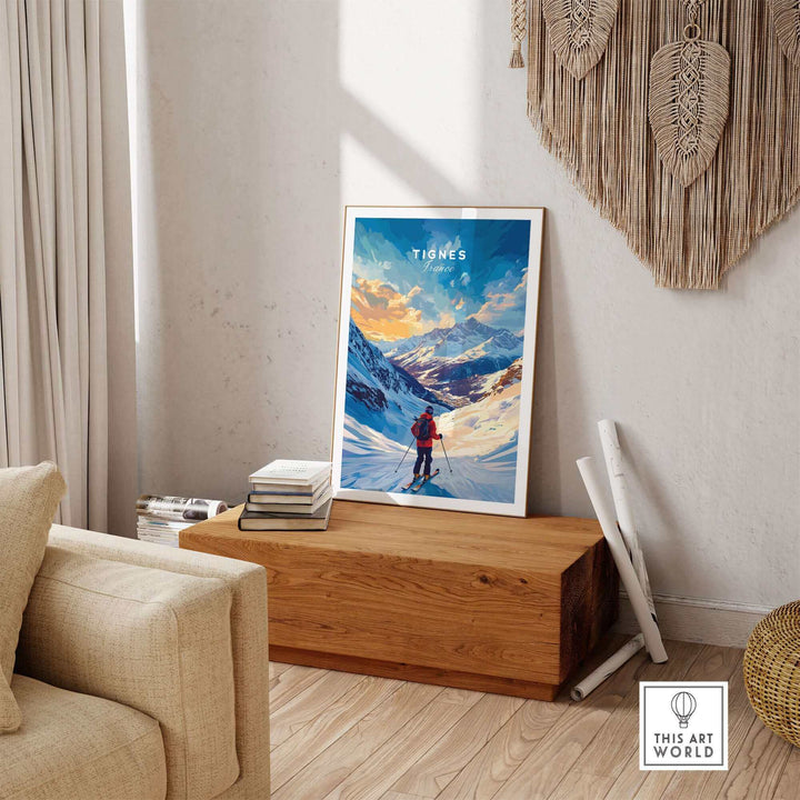 Tignes Ski Poster displayed in a modern living room setting, showcasing a scenic mountain view for winter sports enthusiasts.