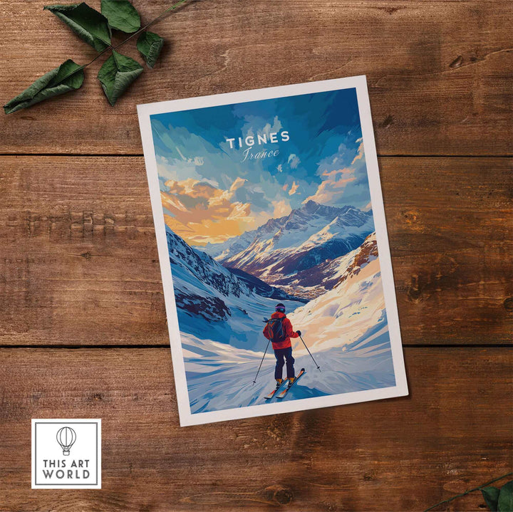 Tignes Ski Poster featuring a scenic snowy mountain view with a skier, ideal for ski enthusiasts and winter sports lovers.