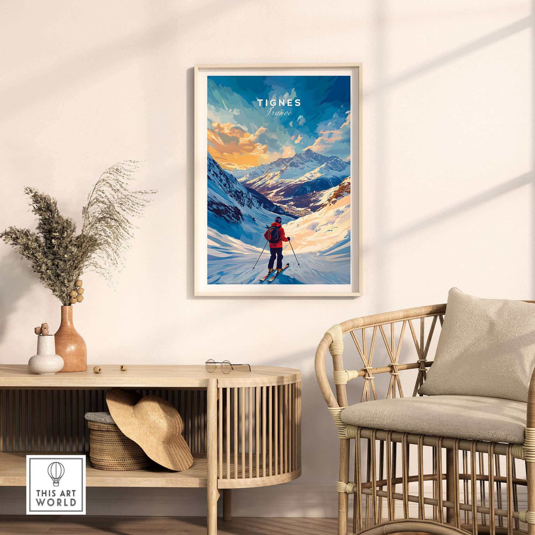 Tignes Ski Poster displayed in a cozy living room, showcasing a skier on snowy mountains with a vibrant sky.