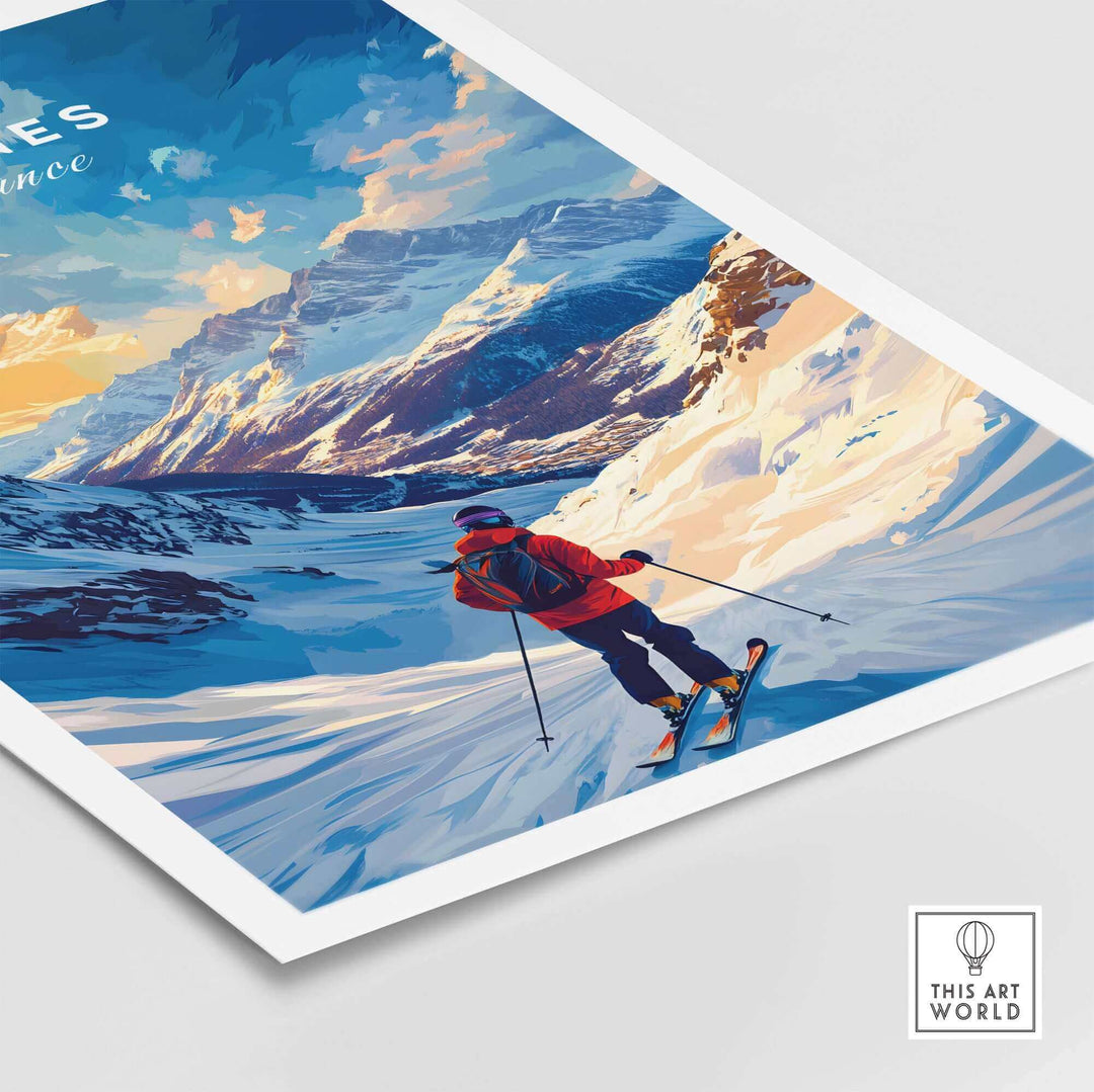 Vibrant Tignes Ski Poster featuring a skier in action, capturing the essence of alpine adventure with stunning mountain scenery.