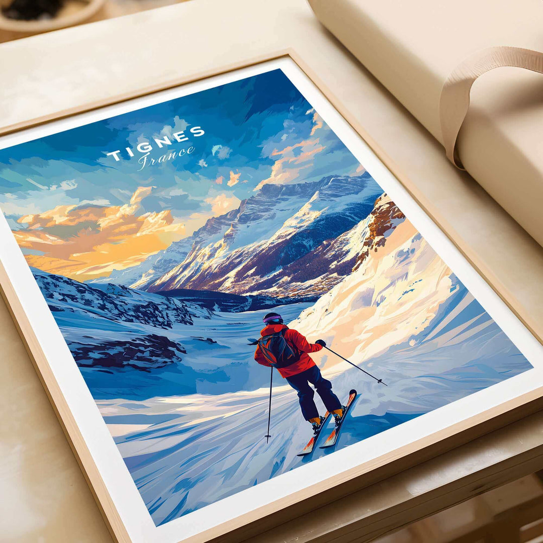 Vibrant Tignes ski poster featuring a skier on a snowy mountain slope under a colorful sky, perfect for ski enthusiasts.