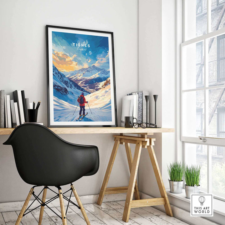 Tignes Ski Poster displayed in a modern room, featuring a skier with a mountain backdrop, enhancing the decor with a winter sports theme.