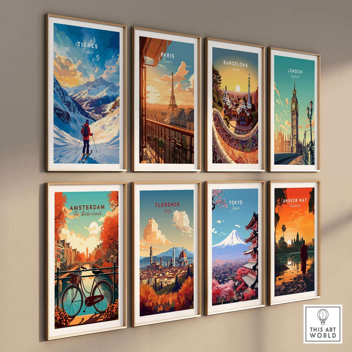 Gallery wall featuring Tignes ski poster alongside Paris, Barcelona, London, Amsterdam, Florence, Tokyo, and Angkor Wat travel posters.