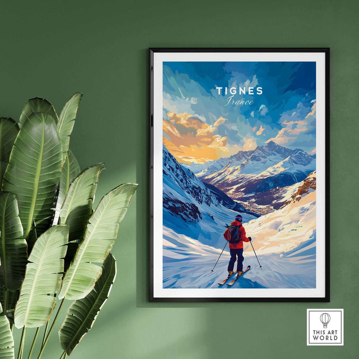 Stylish Tignes Ski Poster featuring a skier in a vibrant snowy mountain landscape, perfect for ski enthusiasts and home decor.