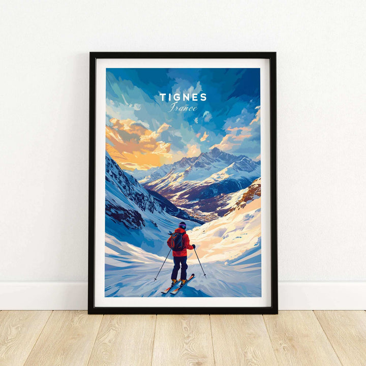 Ski Poster featuring Tignes, France with skier in vibrant mountain landscape, ideal for winter sports enthusiasts and decor.