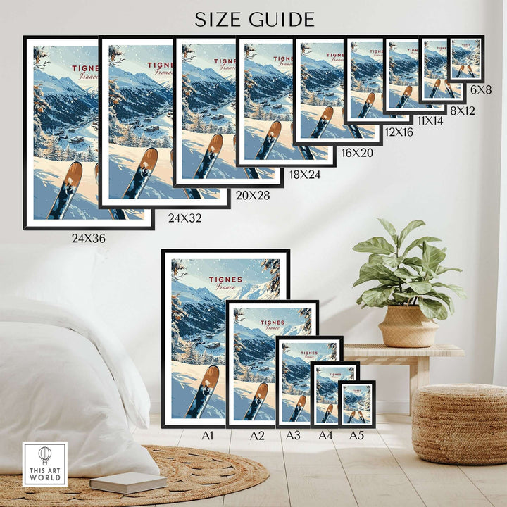 Size guide for Tignes travel poster displaying various frame sizes and a cozy interior setting with a ski theme.