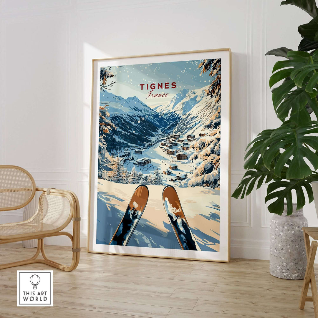 Tignes travel poster featuring snowy mountains and ski slopes, perfect for winter sports enthusiasts and travelers.