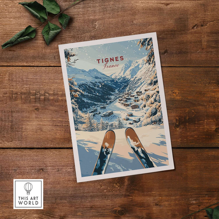 Tignes travel poster showcasing snowy mountains and skis, perfect for winter sports enthusiasts and adventure seekers.