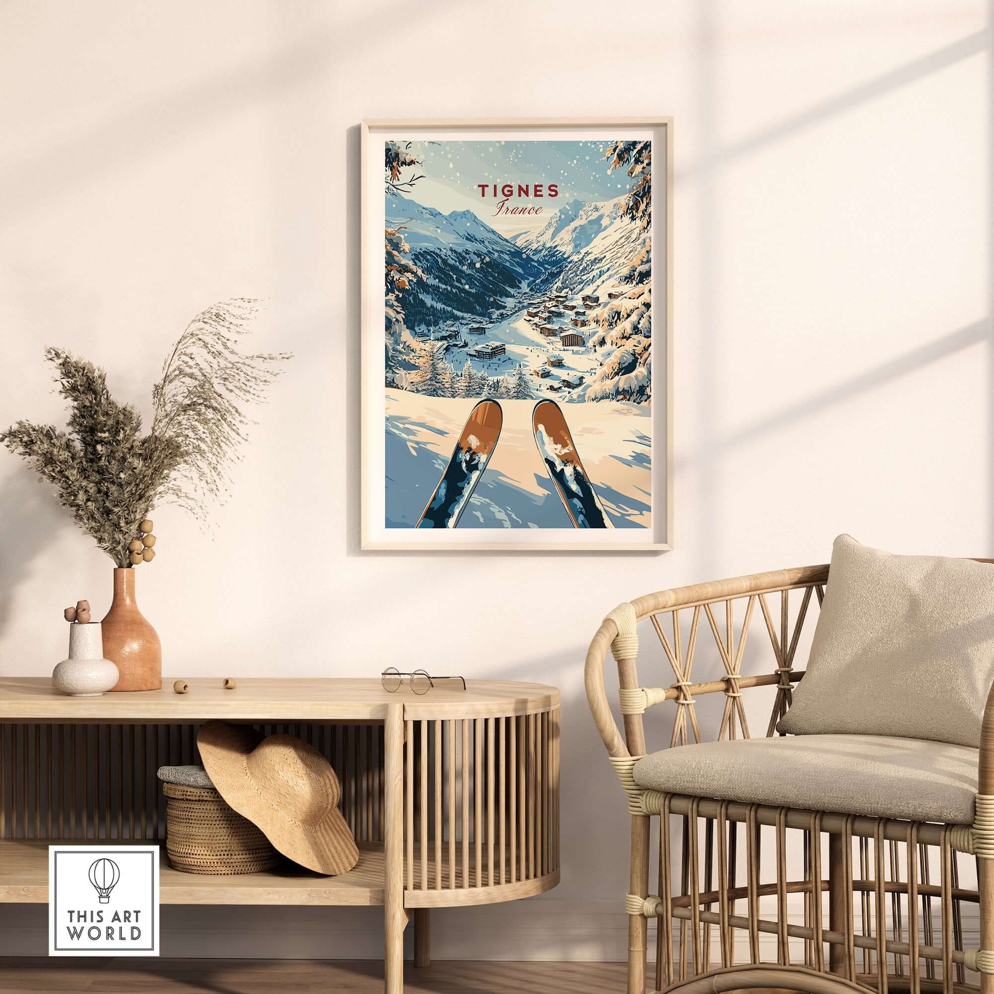 Tignes travel poster featuring snowy slopes, framed and displayed in a stylish living room setting. Perfect for ski enthusiasts.