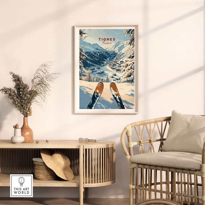 Tignes travel poster featuring snowy slopes, framed and displayed in a stylish living room setting. Perfect for ski enthusiasts.