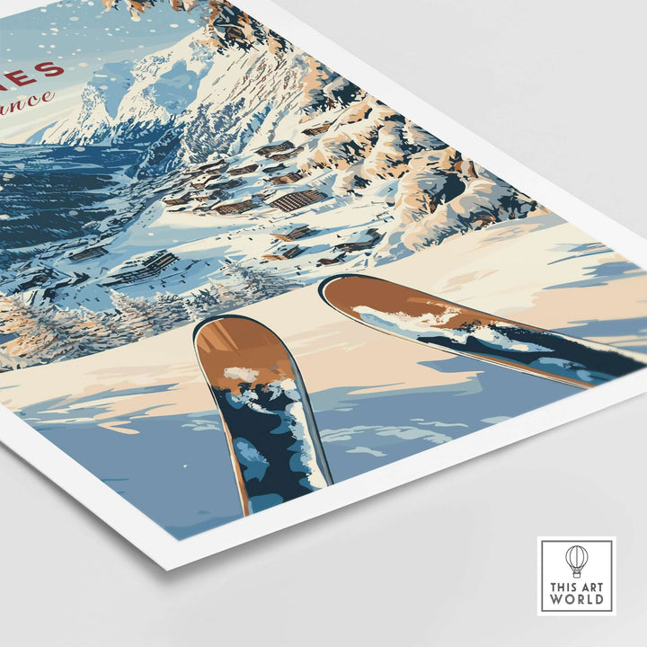 Tignes travel poster showcasing snowy mountains and skis, perfect for winter sports enthusiasts and avid travelers.