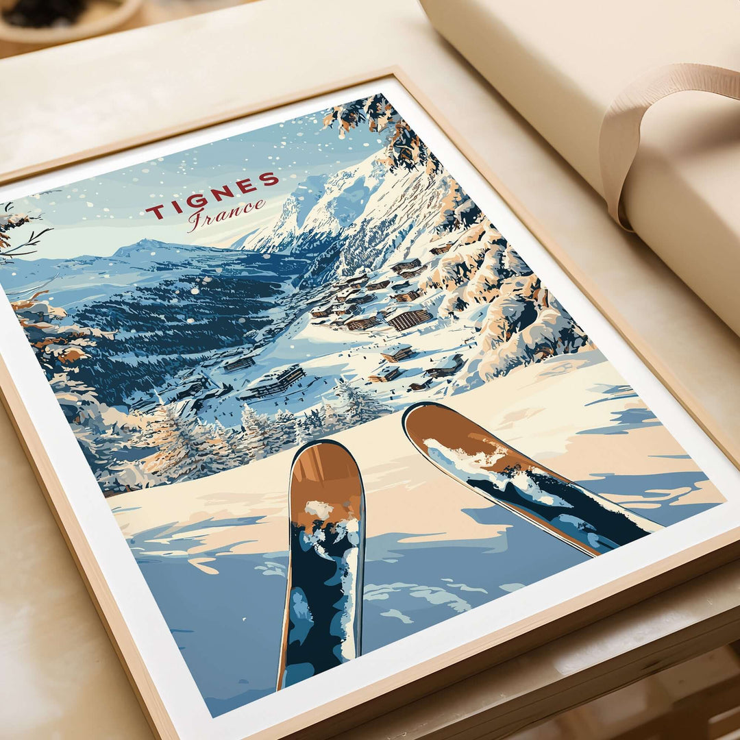 Tignes travel poster featuring snowy mountains and ski slopes, perfect for winter sports enthusiasts and travelers.