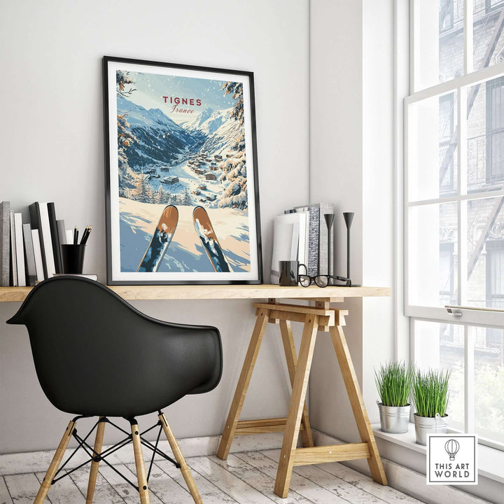 Tignes travel poster showcasing snowy slopes and ski gear in a stylish home office setting. Perfect for winter sports lovers.