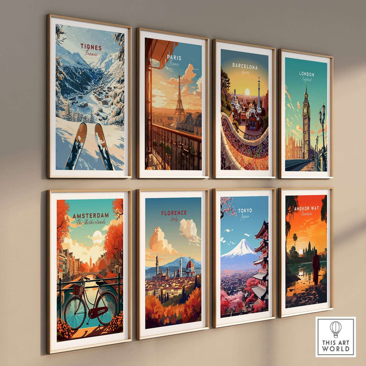 Tignes travel poster and other city prints displayed on a wall, perfect for travel enthusiasts and interior decor.