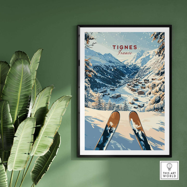 Tignes travel poster depicting snowy mountains and skis, inspiring winter adventure and travel decor.