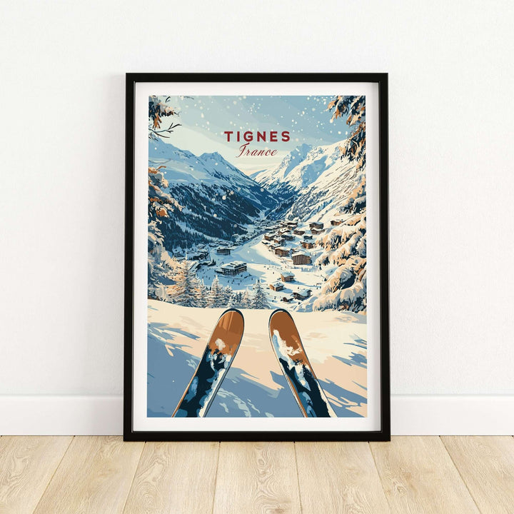 Tignes travel poster featuring snowy mountains and ski slopes, perfect for winter sports enthusiasts and adventure lovers.