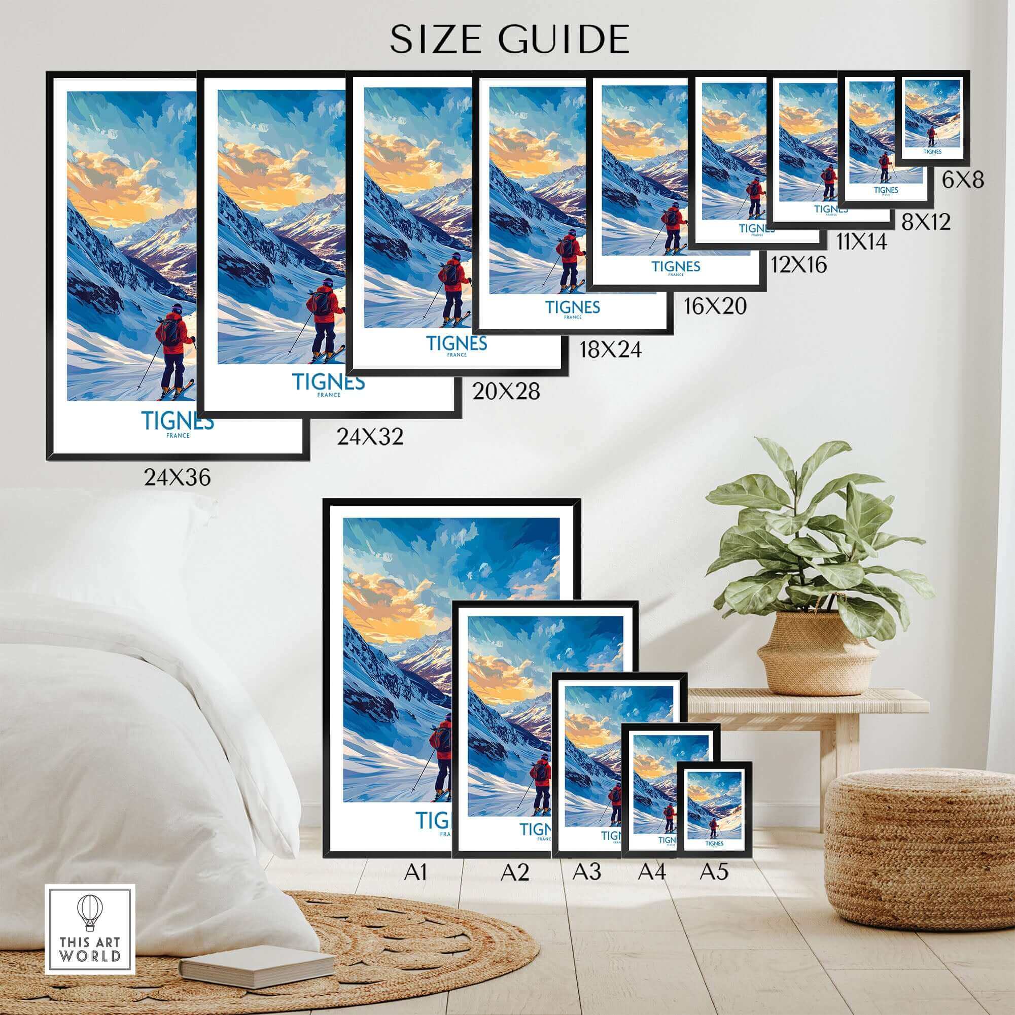Tignes ski poster size guide showcasing multiple wall art dimensions set in a modern room.