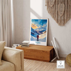 Tignes wall art ski poster in cozy living room setting with mountain scene, perfect for winter sports enthusiasts and home decor.