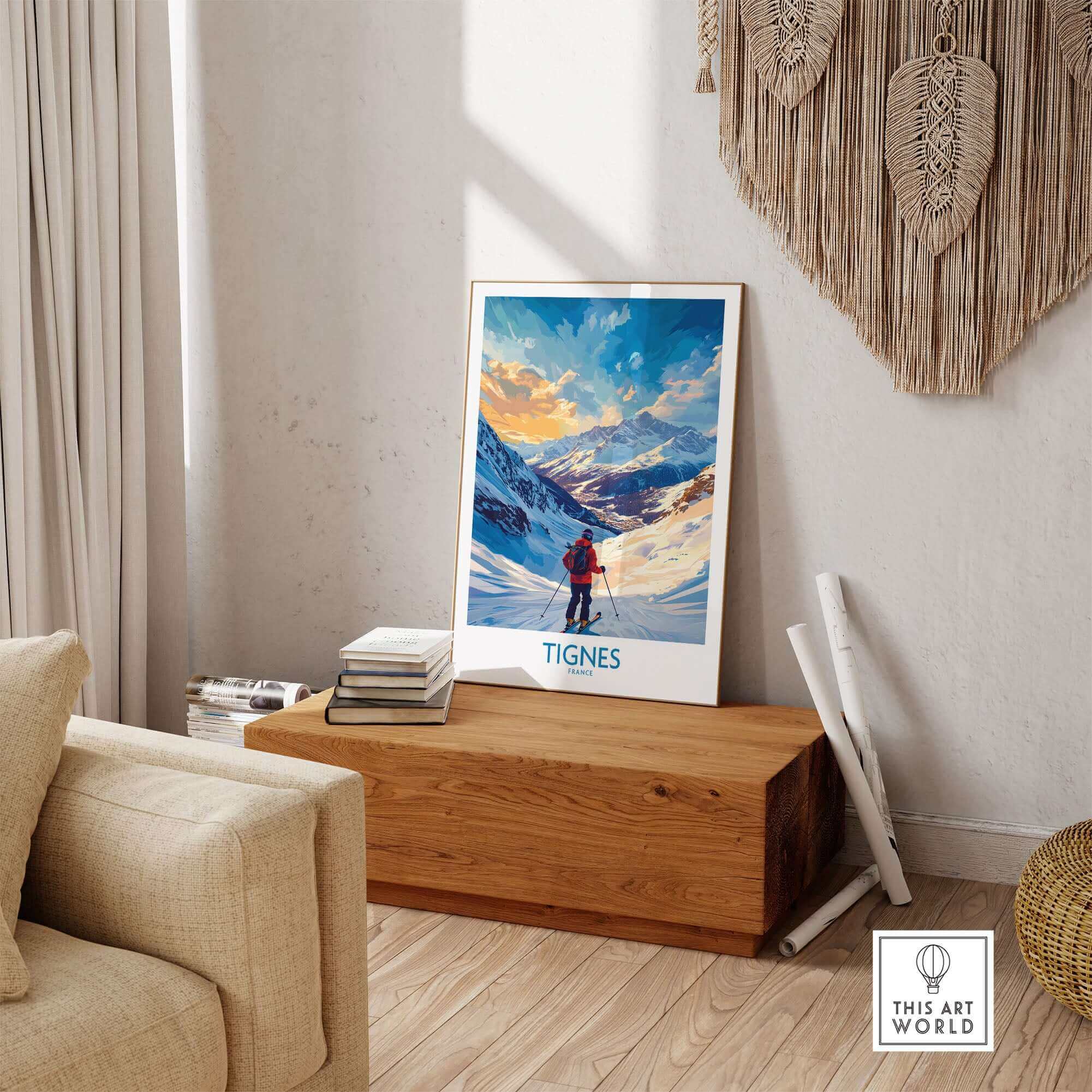 Tignes wall art ski poster in cozy living room setting with mountain scene, perfect for winter sports enthusiasts and home decor.